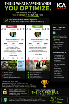 Before-and-after TikTok profile optimisation created by an ICA member